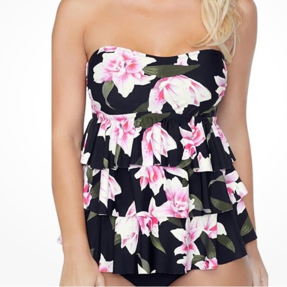 ISLAND ESCAPE Triple Tier Bandeau Tankini Top sz 6 Black Pink Swimwear NWT - Picture 10 of 10